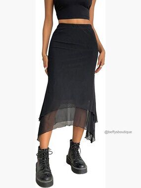 Mesh Asymmetrical Mermaid Midi Skirt High Waist Fishtail Long Skirt